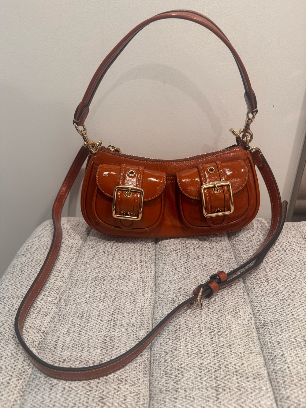 Coach Ashton Women's Patent Leather Saddle Bag in Cognac Brown